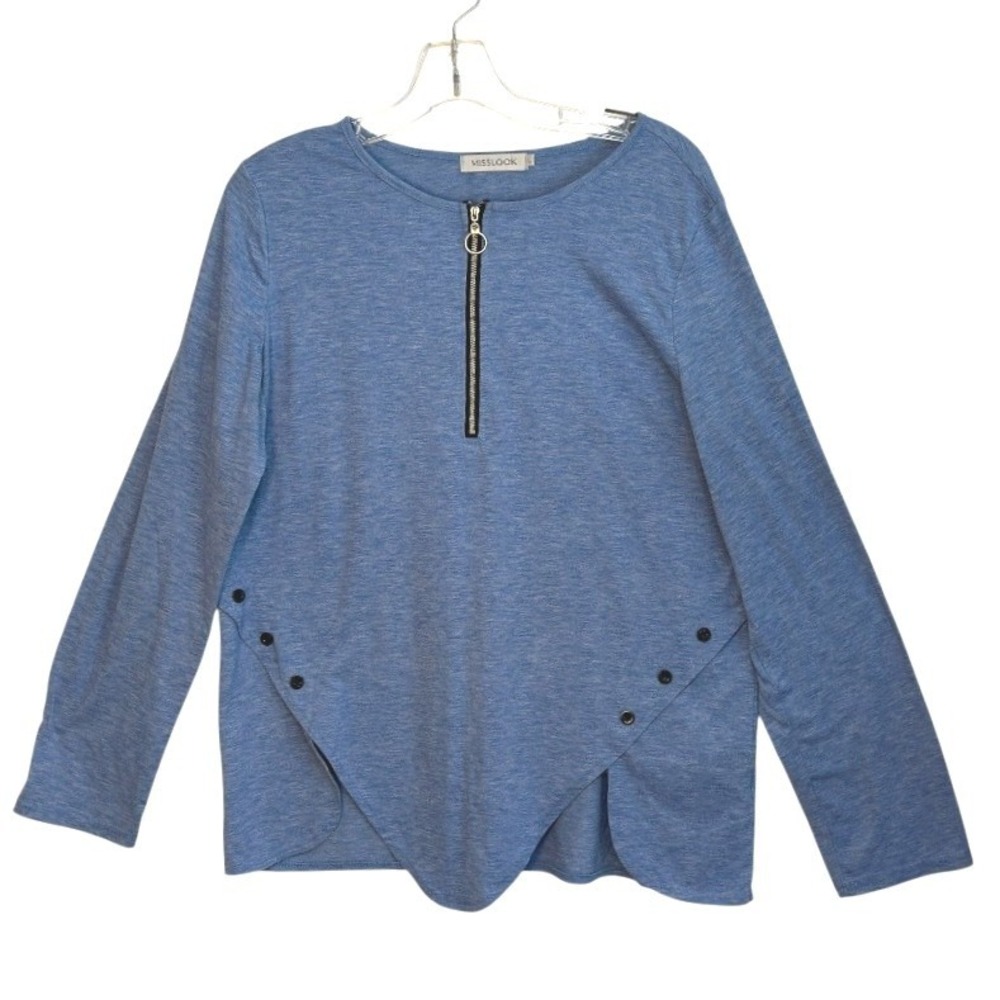 Misslook Womens Top Blue Heathered Quarter Zip Tulip Hem Coastal‎ Casual L